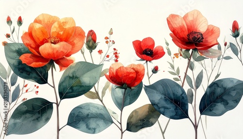 Vibrant Watercolor Flowers with Green Leaves.