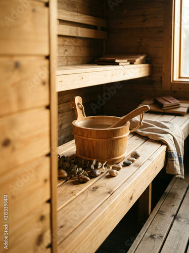 Wooden sauna interior featuring a bucket, ladle, stones, and shelves lined with books