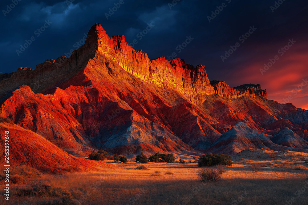 Naklejka premium Dramatic Sunset over Red Rock Formations: Majestic red rock mountains ablaze with the fiery hues of sunset, set against a dramatic twilight sky, creating a breathtaking vista of raw, untamed beauty.