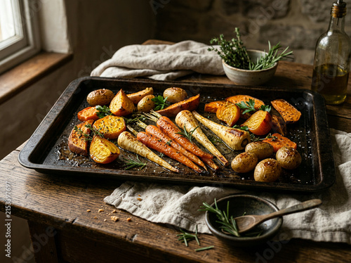 Roasted vegetables and rosemary fill a baking sheet beside oil and linen cloth.