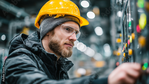 Bearded Engineer In Yellow Hard Hat And Protective Glasses Operating Industrial Control Panel At Site