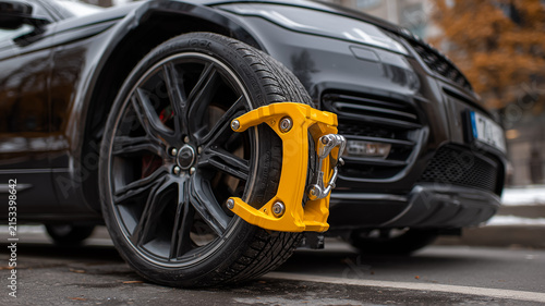 Bright Yellow Car Wheel Clamp Attached To Black Vehicle Tire Parked On City Street In Winter