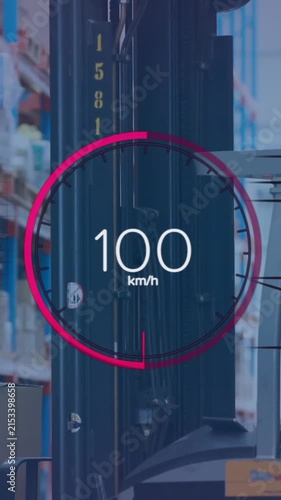 Animation of eco icons and speedometer data processing over warehouse
