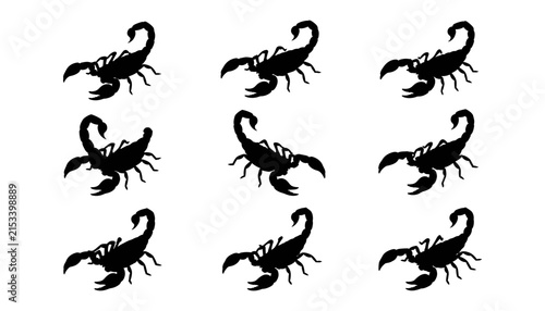 Foto Scorpion Silhouette Set with Aggressive Arachnid Poses, Raised Tails, Claws, Sti