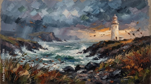 Coastal lighthouse during stormy autumn day with crashing waves and dramatic sky