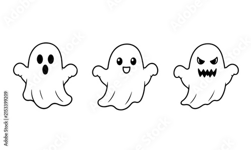 Set of three cute cartoon ghosts with different facial expressions for Halloween design