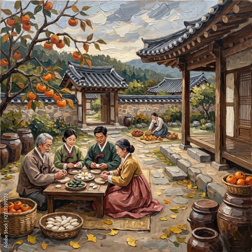 Family gathering in traditional hanok courtyard enjoying food together