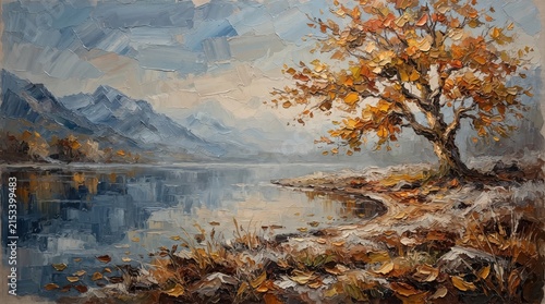 Golden maple tree by lake in autumn with mountain reflections and serene landscape
