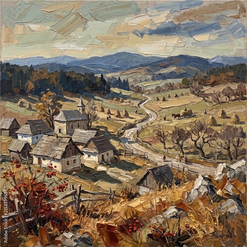 Scenic Carpathian valley with rolling hills and rural houses in autumn