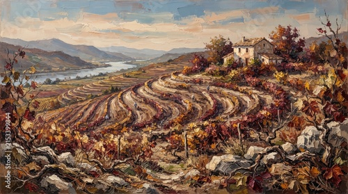 Scenic autumn vineyards with terraced fields and river view in rural landscape