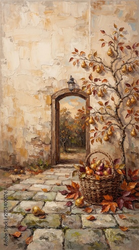 Harvest basket near pear tree on a stone pathway in autumn setting.”  🎉  Assistant has provided a