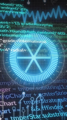 Animating programming code and digital circuits over futuristic blue interface symbols