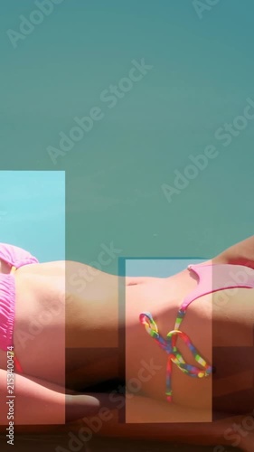 Relaxing by pool, woman in pink bikini with bar chart animation over
