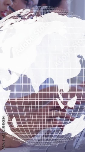 Global network animation over customer service representatives working on computers