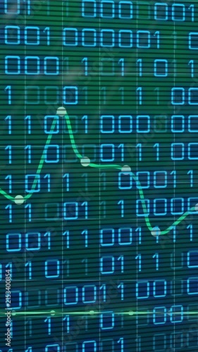 Digital screen displaying binary code and data graph animation in motion
