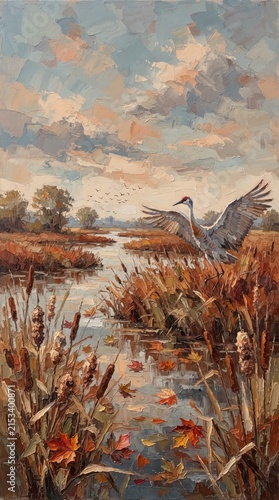 Sandhill crane landing in marsh surrounded by autumn colors and nature