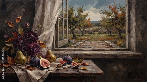 Still life with autumn fruits and garden view through window on wooden table