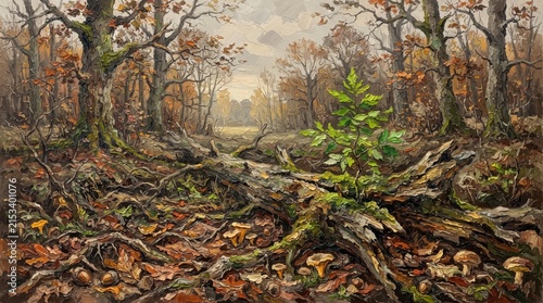Sapling growing on a fallen tree in autumn forest landscape with mushrooms