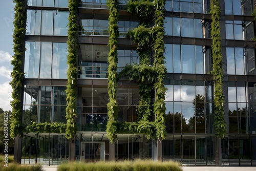A large modern glass office building with tall windows and extensive climbing vines covering parts of the facade. The combination of reflective glass, dark structural elements, and lush greenery creat