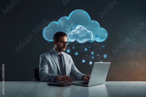 A professional man wearing a shirt and tie sits with a laptop while looking at a digital cloud graphic. Glowing blue cloud icons and small digital elements appear behind him, representing cloud comput