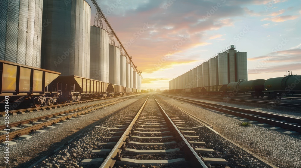 Fototapeta premium Grain silos lining railway tracks with freight wagons under a warm sky