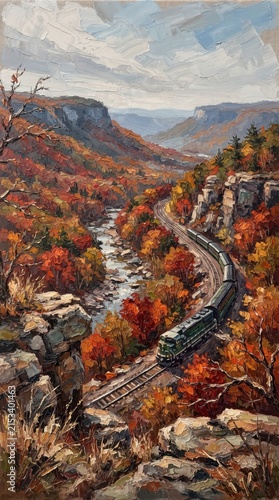 Train traveling around bend in a canyon with autumn foliage and river