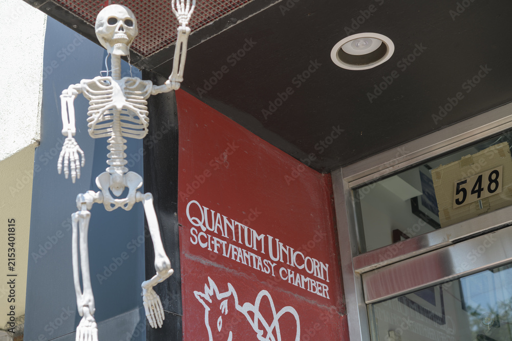Fototapeta premium defocused waving skeleton outside entrance to Quantum Unicorn, a sci-fi/fantasy chamber inside Re: Reading at 548 Danforth Av, Toronto