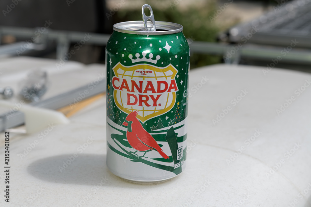 Fototapeta premium holiday/winter seasonal branding on a discarded aluminum can of Canada Dry in Toronto, summertime