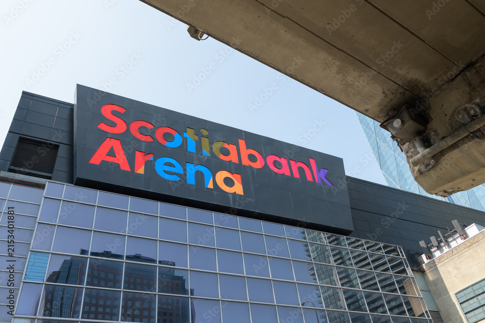 Fototapeta premium abstract view up of sign outside Scotiabank Arena located at 40 Bay St, Toronto (seen here from Lake Shore Blvd W)