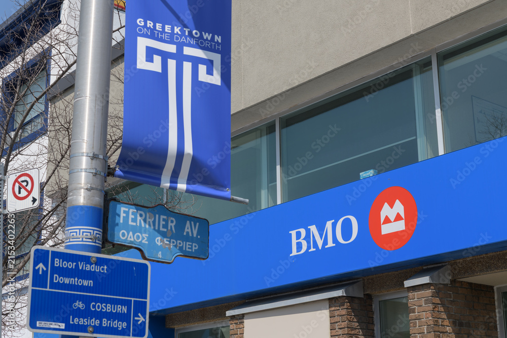 Fototapeta premium BMO Bank of Montreal branch at 518 Danforth Av in Greek Town, Toronto