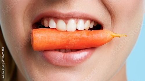 Woman with a carrot between her teeth, close-up macro, healthy food concept
