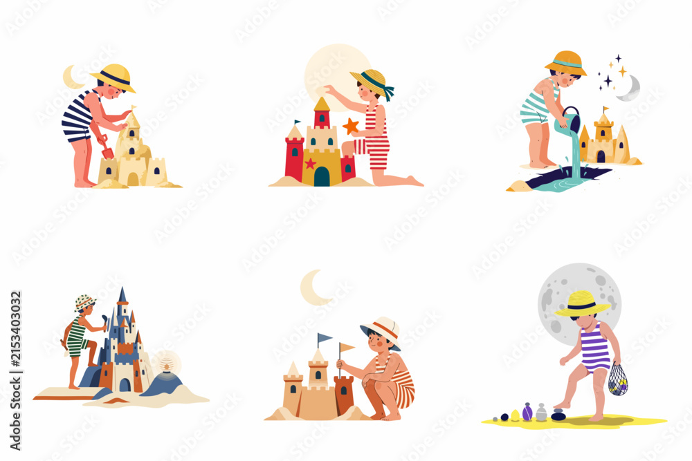 Fototapeta premium Set of Vector Illustrations Featuring Children Building Intricate Sandcastles on the Beach, Kids in Vintage Swimwear Playing with Sand and Water, Creative Summer Vacation Concept