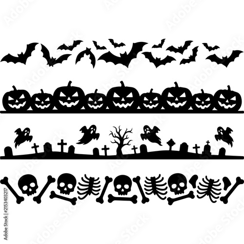 Halloween silhouette border set, spooky black pumpkin and bat dividers, cemetery and skull vector elements for festive decor