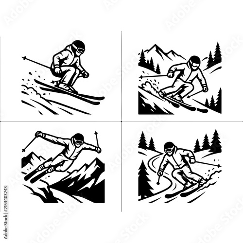 Vintage ski illustrations set, black and white downhill skier vector icons, retro mountain winter sports graphics for apparel design