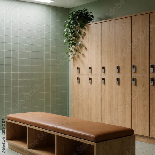 Wooden lockers and bench in a tiled room with hanging plant. Use: gym interior, spa design, changing room concept.