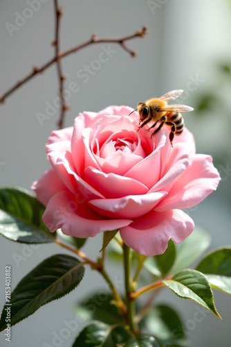 pink rose and bee