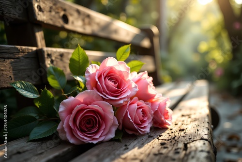 pink roses on wooden table
