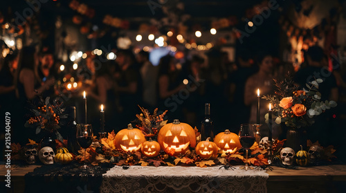 A vibrant festive halloween party scene featuring illuminated jack o lanterns with a softly blurred background of people enjoying an indoor celebration