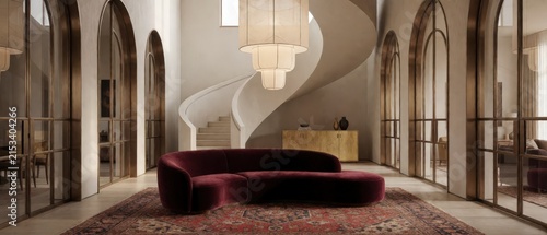 Elegant interior with curved velvet sofa, spiral staircase, and art deco windows. Use: interior design magazine, hotel lobby, luxury real estate.