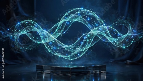 Abstract Blue Energy Wave Flowing Over Futuristic Podium.