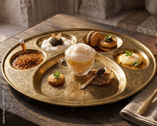 Luxury tasting platter with caviar macarons and foamed drink