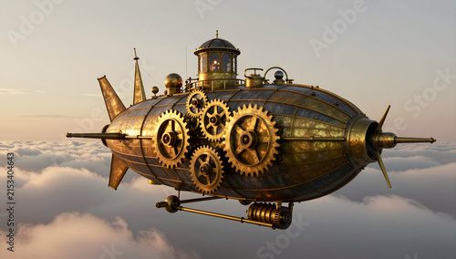 Steampunk airship flying above cloud sea during sunrise