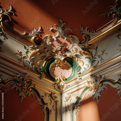 Ornate architectural ceiling molding with floral details in rococo style, bathed in warm light. Use: interior design, luxury hotel, historical buil...