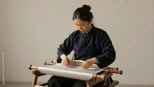 Traditional Silk Weaver Working on Wooden Loom