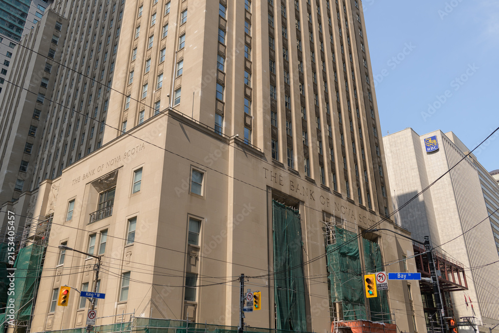 Fototapeta premium Bank of Nova Scotia Building, designed initially by John M Lyle, later Mathers & Haldenby, with Beck & Eadie, located at 44 King St W, northeast corner at Bay St, Toronto