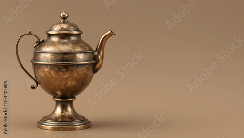 Antique bronze teapot on brown background