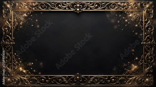 A beautifully elegant and ornate golden frame featuring sparkling dust particles set against a dramatic black background ideal for invitations and luxury