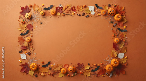 Festive halloween border frame made of autumn leaves pumpkins bats and candy on a rustic orange background