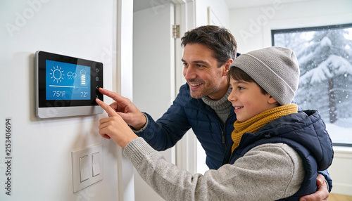 Father and young son smiling while adjusting a smart home thermostat on the wall during winter, energy efficiency and climate control for modern family living