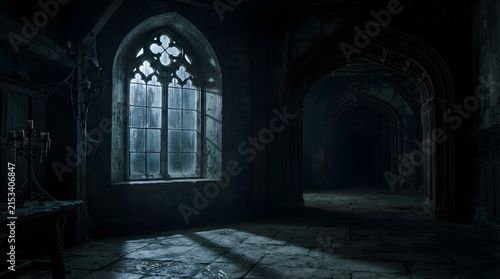 The dramatically lit interior of a very old stone castle hallway features a large arched window with views of a dark mysterious